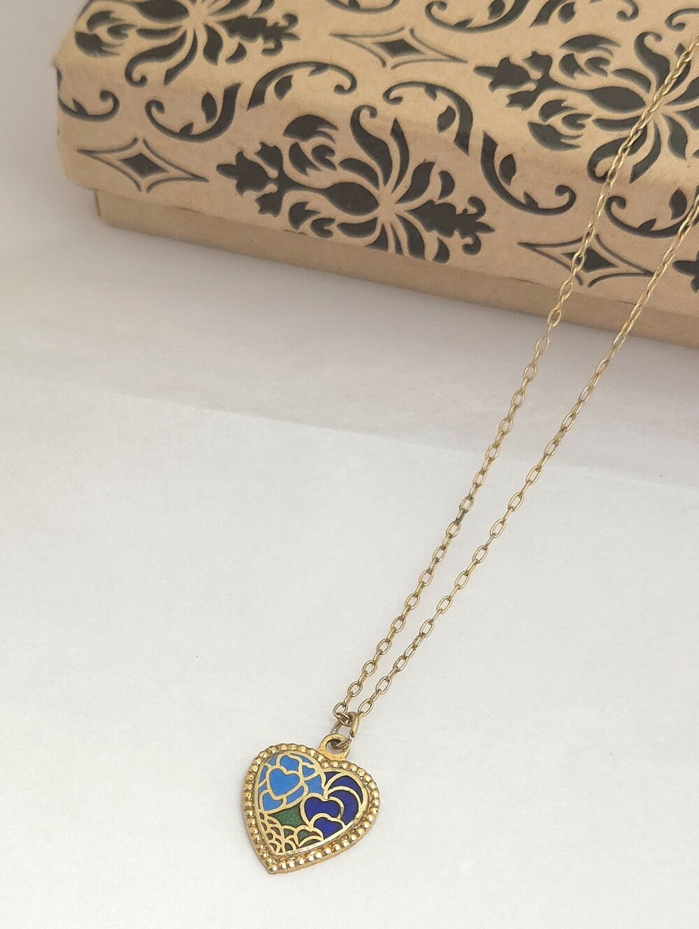 Vintage Blue & Green Heart Cloisonné Pendant Necklace